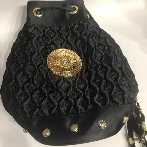 Vintage-Inspired Black Quilted Lion Medallion Bucket Bag – Gold Stud Accents - Picture 2 of 9